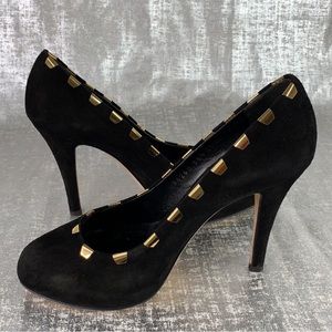 Giuseppe Zanotti Black & Gold Embellished Suede & Leather Heels